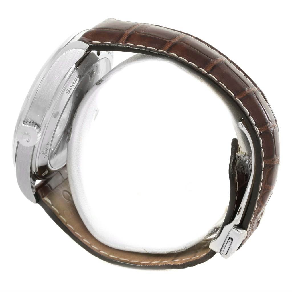 This side view of the Omega Aqua Terra 2806.52.37 Men's Stainless Steel Black Dial 2806.52.37 Men's Stainless Steel Black Dial shows the crown, caseback, and brown leather strap with a clasp.