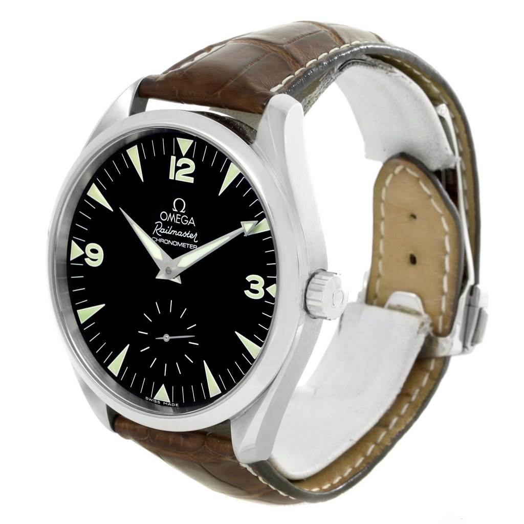 This Omega Aqua Terra 2806.52.37 Men's Stainless Steel Black Dial 2806.52.37 Men's Stainless Steel Black Dial watch is shown at a slight angle, highlighting its dial, crown, and brown leather strap.