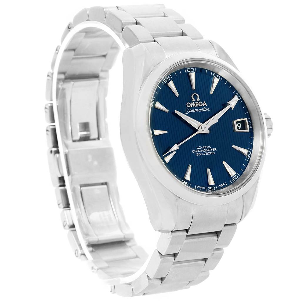 The image shows an Omega Aqua Terra 231.10.39.21.03.001 Men's Stainless Steel Blue Dial 231.10.39.21.03.001 Men's Stainless Steel Blue Dial watch at a three-quarter angle, highlighting the face, bezel, and metal bracelet.
