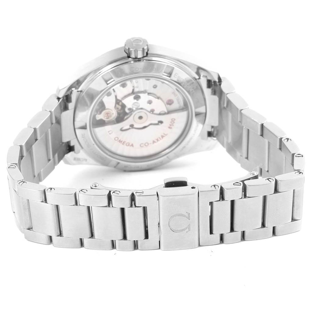 The Omega Aqua Terra 231.10.39.21.03.001 Men's Stainless Steel Blue Dial 231.10.39.21.03.001 Men's Stainless Steel Blue Dial watch is shown from the back, highlighting its open case back and part of the metal bracelet.