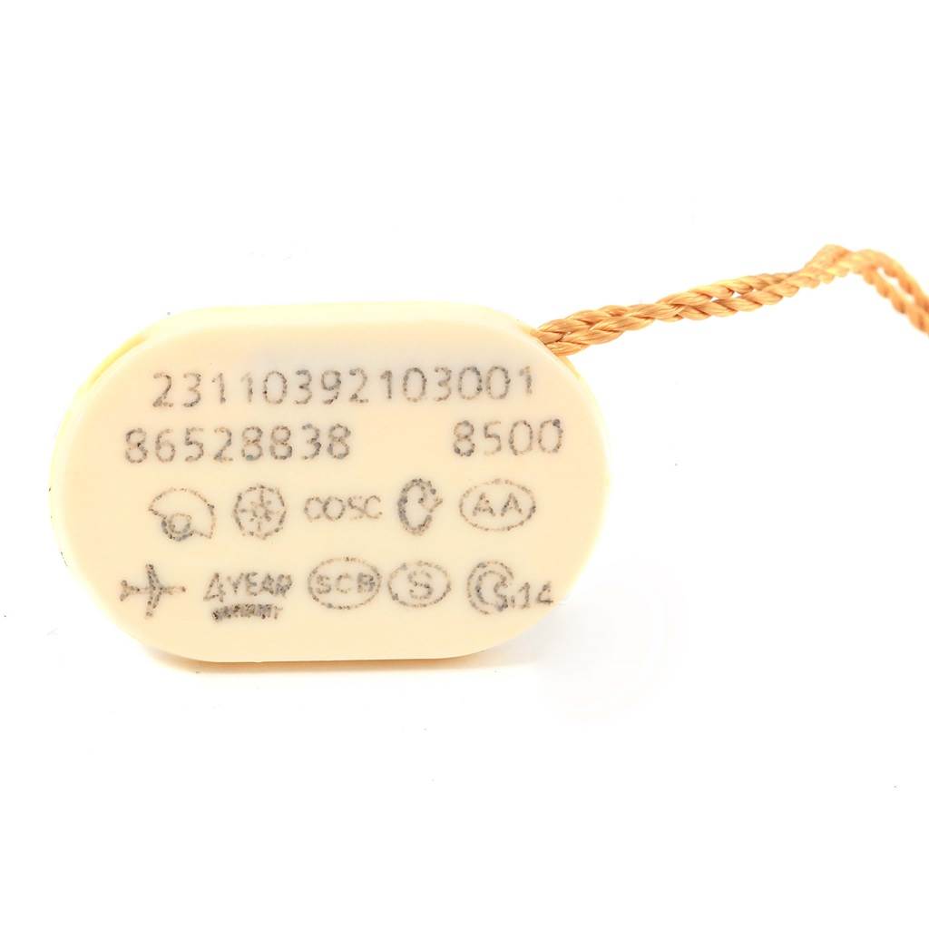 This image shows a tag with the Omega Aqua Terra 231.10.39.21.03.001 Men's Stainless Steel Blue Dial 231.10.39.21.03.001 Men's Stainless Steel Blue Dial model details and certification marks.