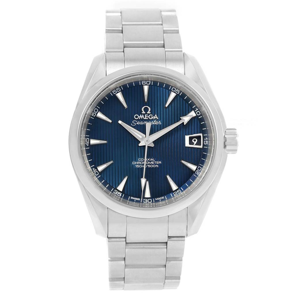 The image shows a front view of the Omega Seamaster Aqua Terra watch, displaying its blue dial, date window, and silver metal bracelet.
