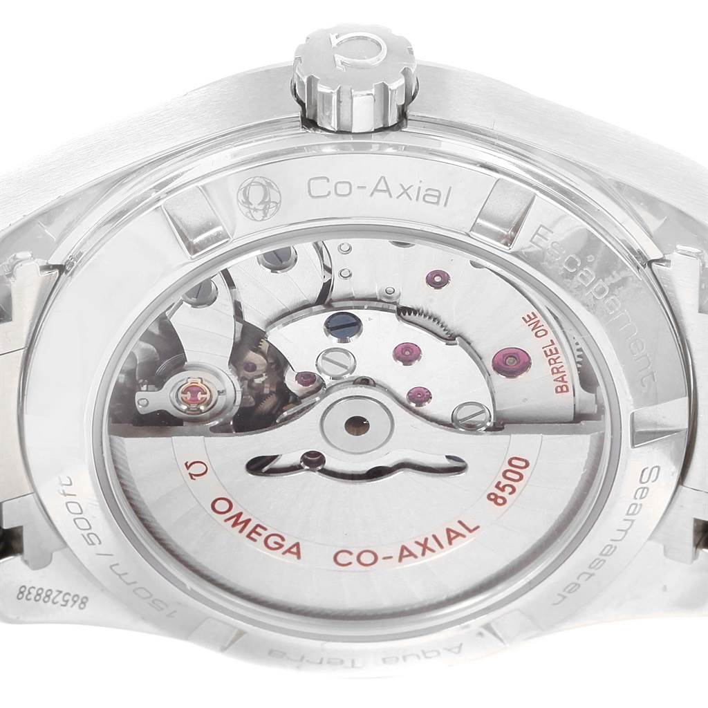 The image shows the back view of the Omega Aqua Terra 231.10.39.21.03.001 Men's Stainless Steel Blue Dial 231.10.39.21.03.001 Men's Stainless Steel Blue Dial watch, displaying its Co-Axial 8500 movement through a transparent case back.