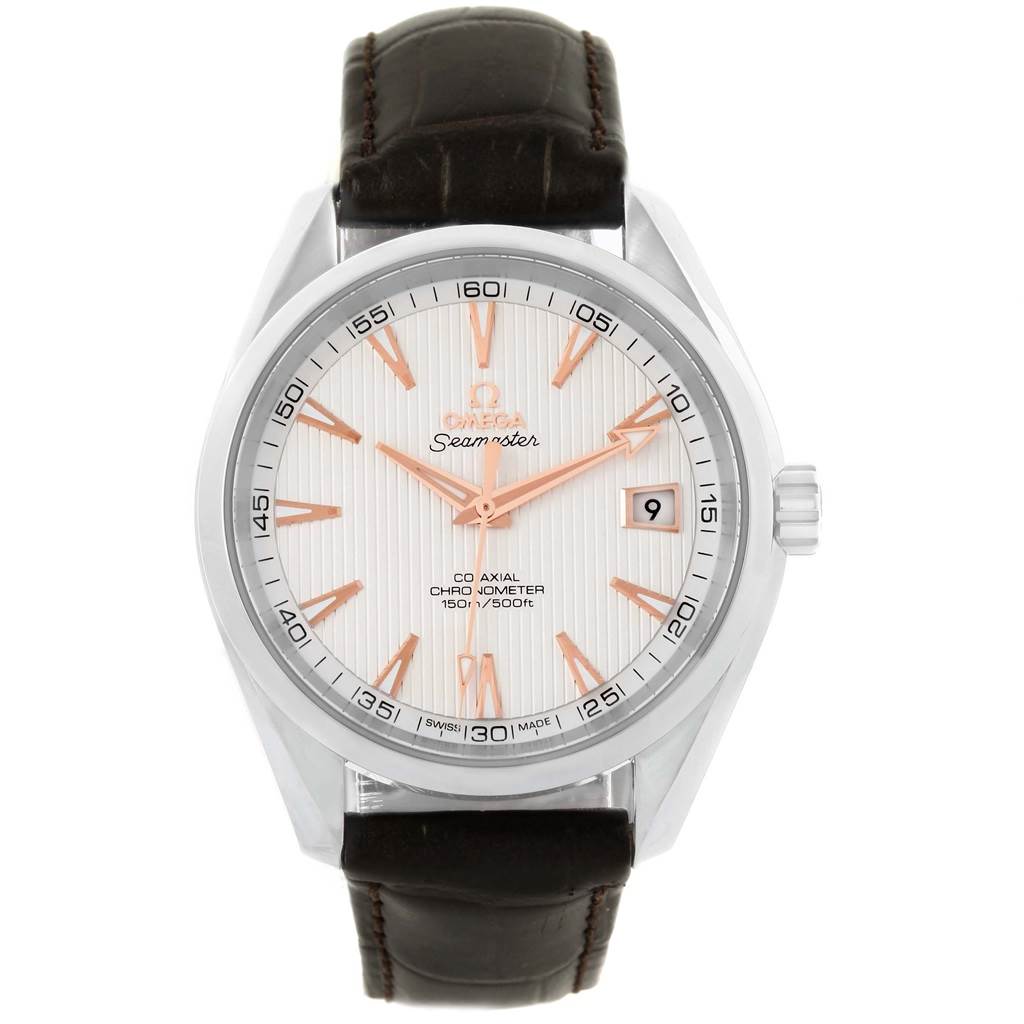 The Aqua Terra model by Omega is shown from a front angle, highlighting the dial, case, crown, and leather strap.