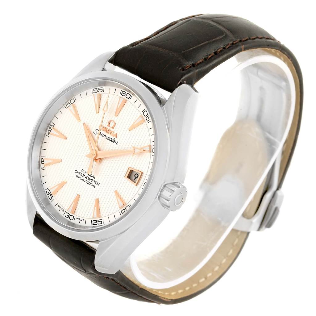 The Omega Aqua Terra 231.13.42.21.02.002 Men's Stainless Steel Silver Dial 231.13.42.21.02.002 Men's Stainless Steel Silver Dial watch is displayed at a 3/4 angle, showing the face, crown, and leather strap.