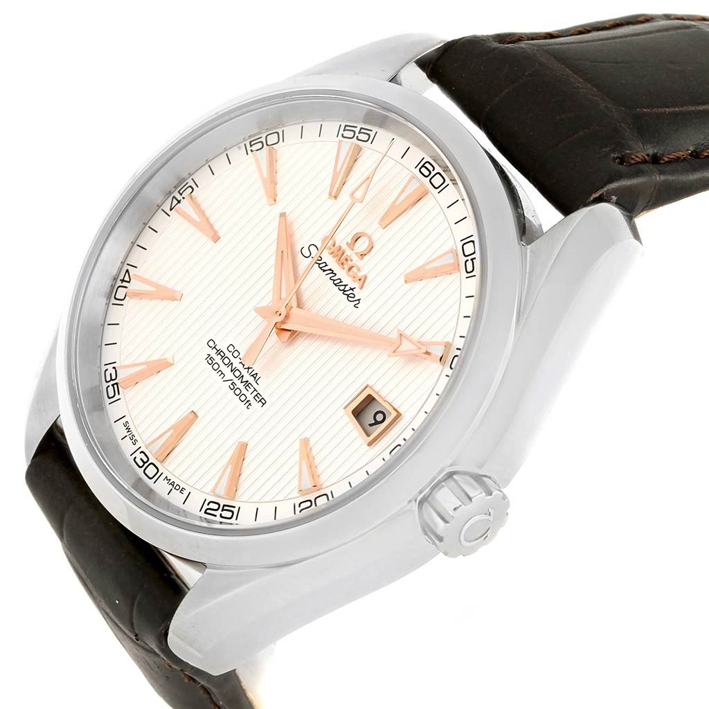 The image shows a close-up, angled view of an Omega Aqua Terra 231.13.42.21.02.002 Men's Stainless Steel Silver Dial 231.13.42.21.02.002 Men's Stainless Steel Silver Dial watch, highlighting the dial, hands, crown, and leather strap.