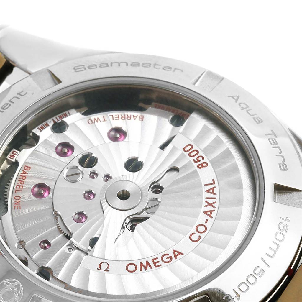 The image shows the back and movement mechanism of the Omega Seamaster Aqua Terra watch model.