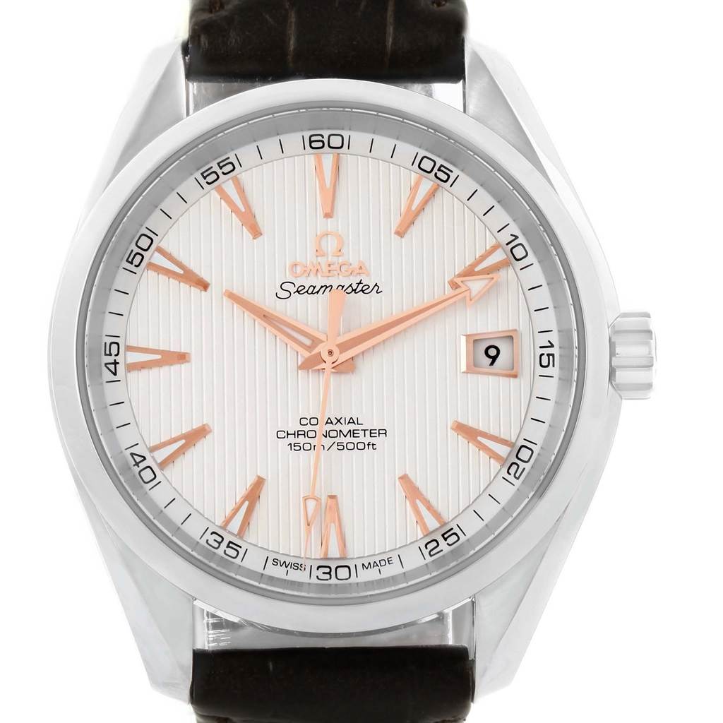 The Omega Aqua Terra 231.13.42.21.02.002 Men's Stainless Steel Silver Dial 231.13.42.21.02.002 Men's Stainless Steel Silver Dial model watch is shown from a front angle, showcasing its dial, hands, crown, and strap.