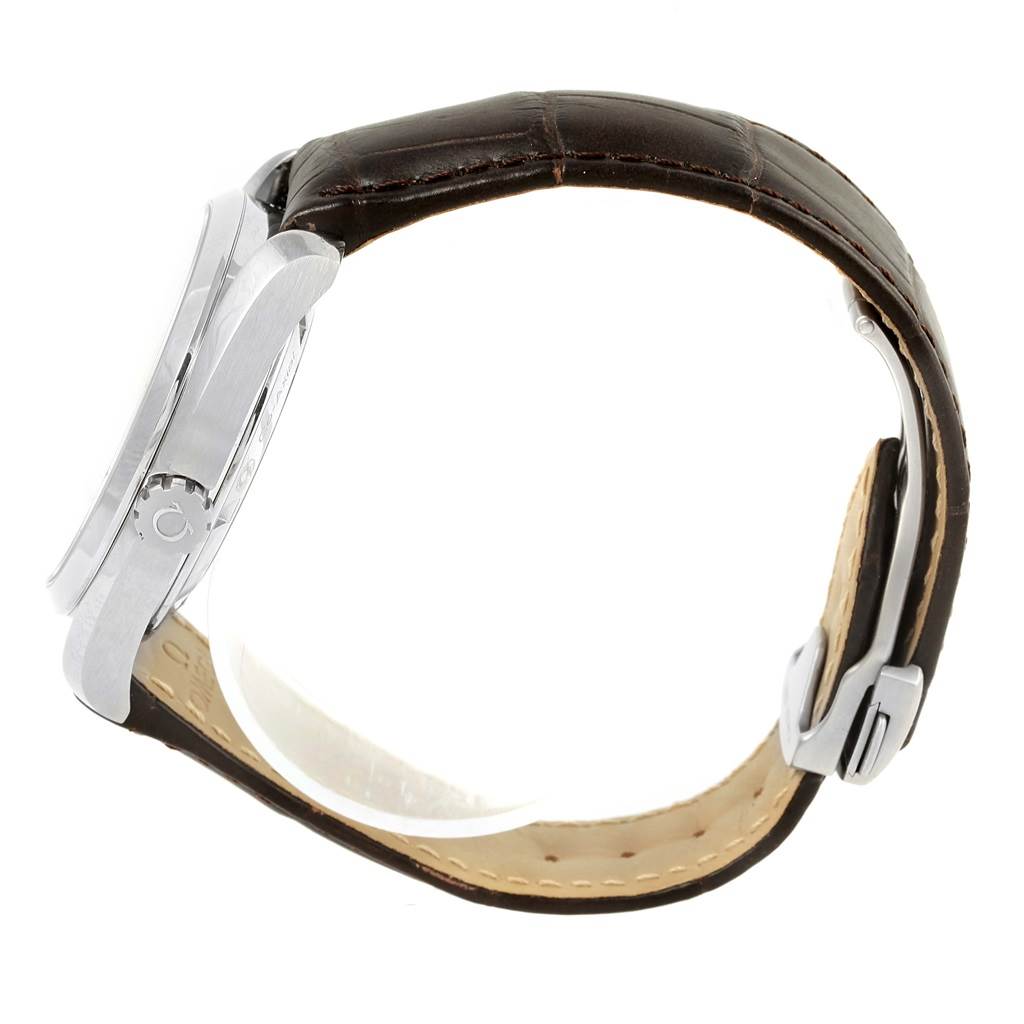 The image shows a side view of an Omega Aqua Terra 231.13.42.21.02.002 Men's Stainless Steel Silver Dial 231.13.42.21.02.002 Men's Stainless Steel Silver Dial watch featuring its case, crown, and leather strap with buckle.