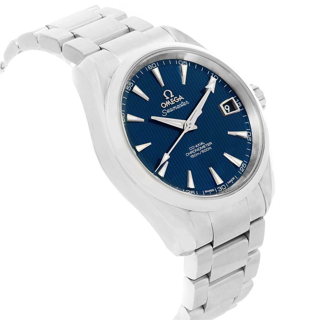 This image shows the Omega Aqua Terra 231.10.39.21.03.001 Men's Stainless Steel Blue Dial 231.10.39.21.03.001 Men's Stainless Steel Blue Dial watch at an oblique angle, displaying its bracelet band, dial, and date window.