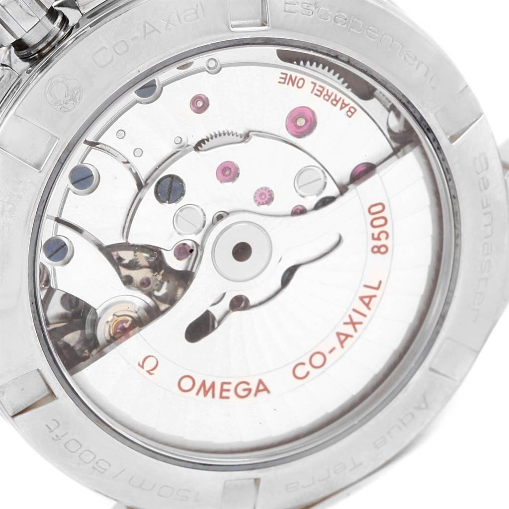 The image shows the back of an Omega Aqua Terra 231.10.39.21.03.001 Men's Stainless Steel Blue Dial 231.10.39.21.03.001 Men's Stainless Steel Blue Dial watch, highlighting the Co-Axial 8500 movement.