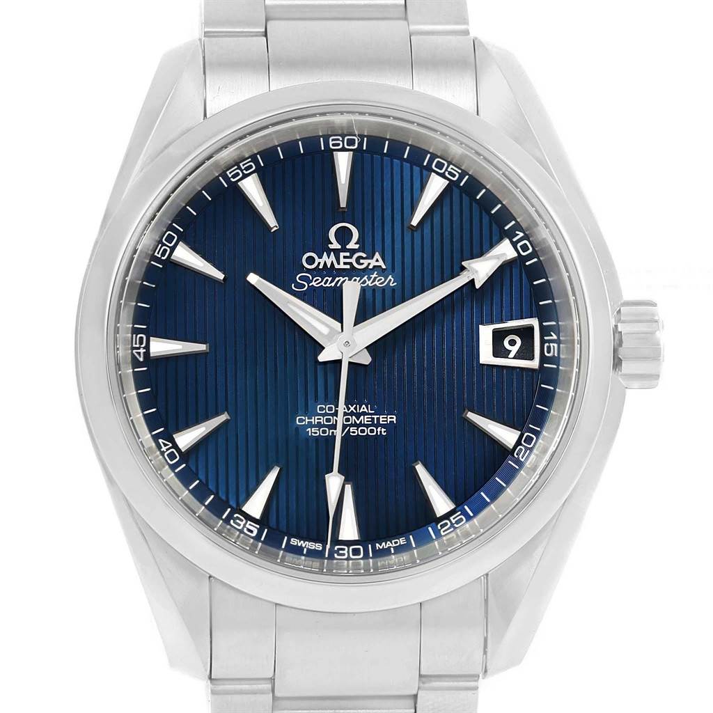 The Omega Aqua Terra 231.10.39.21.03.001 Men's Stainless Steel Blue Dial 231.10.39.21.03.001 Men's Stainless Steel Blue Dial watch is shown from a front angle, displaying the face, hands, indices, date window, and part of the metal strap.
