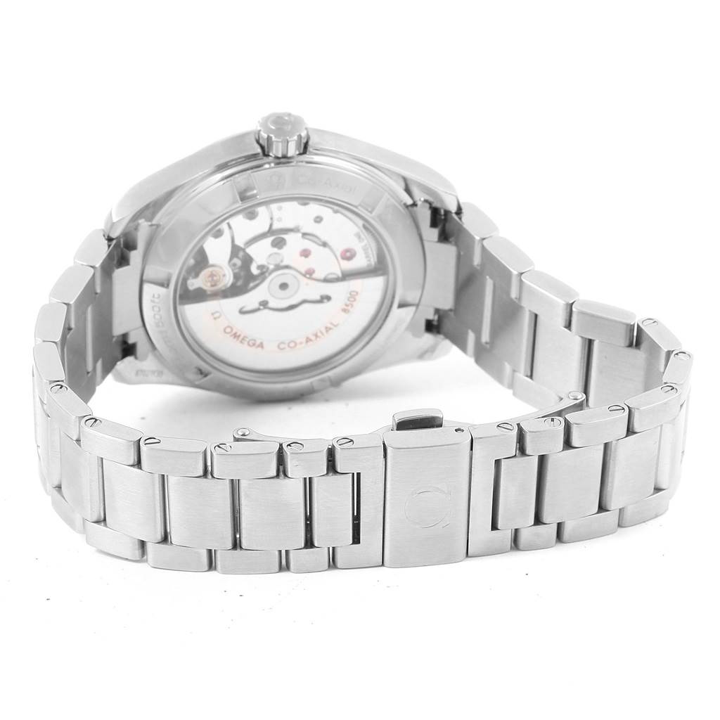 The image shows the back view of an Omega Aqua Terra 231.10.39.21.03.001 Men's Stainless Steel Blue Dial 231.10.39.21.03.001 Men's Stainless Steel Blue Dial watch, displaying the movement and bracelet clasp.