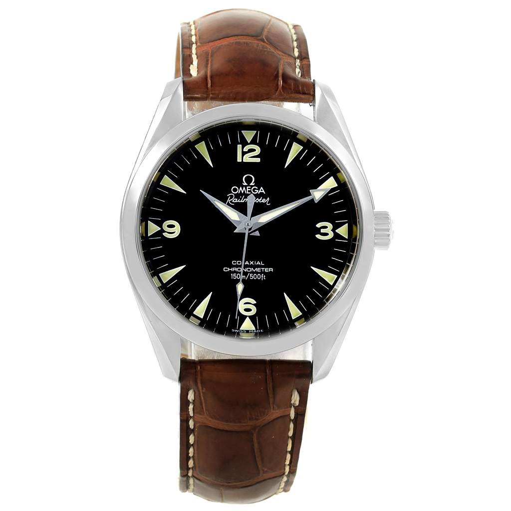 The Omega Aqua Terra 2803.52.37 Men's Stainless Steel Black Dial 2803.52.37 Men's Stainless Steel Black Dial watch is shown from a front angle, displaying its black dial, brown leather strap, and stainless steel case.