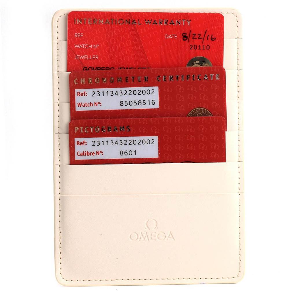 This image shows three cards, including an International Warranty, Chronometer Certificate, and Pictogram for the Omega Aqua Terra 231.13.43.22.02.002 Men's Stainless Steel Silver Dial 231.13.43.22.02.002 Men's Stainless Steel Silver Dial model.