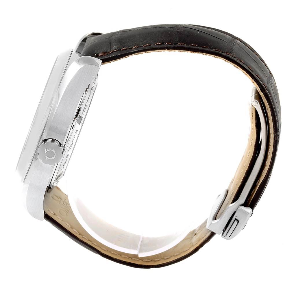 The image shows a side view of the Omega Aqua Terra 231.13.43.22.02.002 Men's Stainless Steel Silver Dial 231.13.43.22.02.002 Men's Stainless Steel Silver Dial watch, displaying its crown and leather strap.