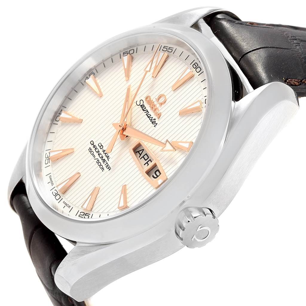 The image shows an angled view of the Omega Aqua Terra 231.13.43.22.02.002 Men's Stainless Steel Silver Dial 231.13.43.22.02.002 Men's Stainless Steel Silver Dial watch, highlighting its dial, crown, and part of the strap.