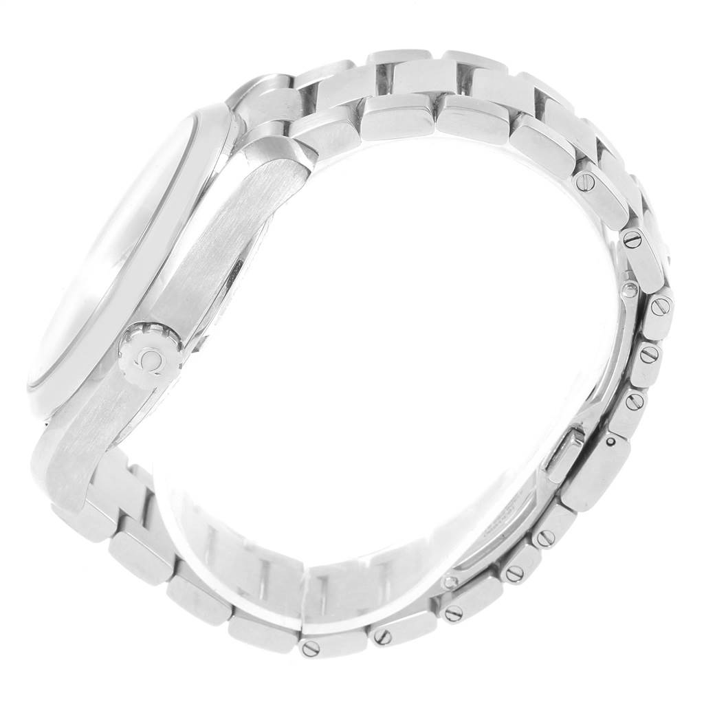 The image shows a side view of the Omega Aqua Terra 231.10.43.22.03.001 Men's Stainless Steel Blue Dial 231.10.43.22.03.001 Men's Stainless Steel Blue Dial watch, focusing on the crown and bracelet links.