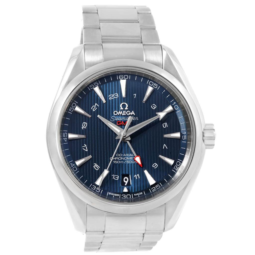 This image shows a front view of the Omega Aqua Terra 231.10.43.22.03.001 Men's Stainless Steel Blue Dial 231.10.43.22.03.001 Men's Stainless Steel Blue Dial watch, highlighting its face and stainless steel bracelet.