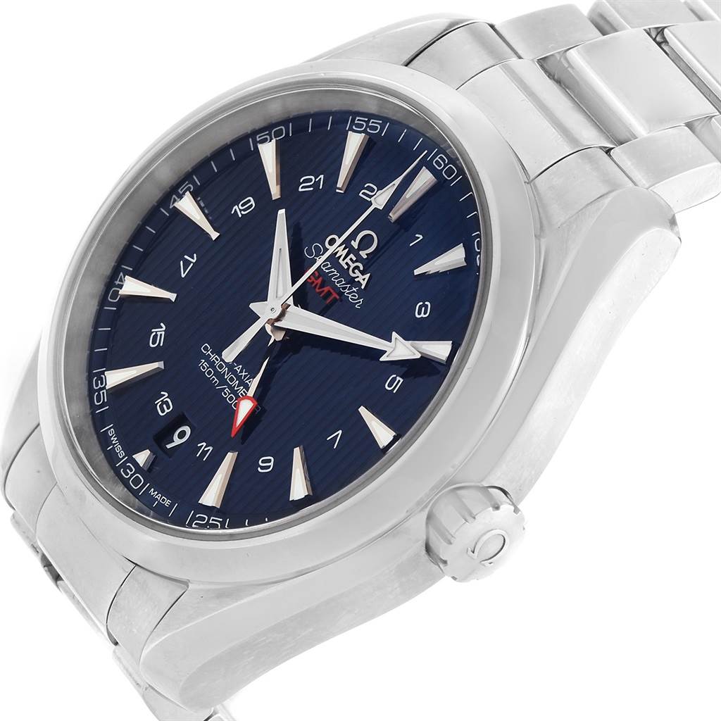 The image displays a side angle view of the Omega Aqua Terra 231.10.43.22.03.001 Men's Stainless Steel Blue Dial 231.10.43.22.03.001 Men's Stainless Steel Blue Dial watch, highlighting its dial, case, and bracelet.