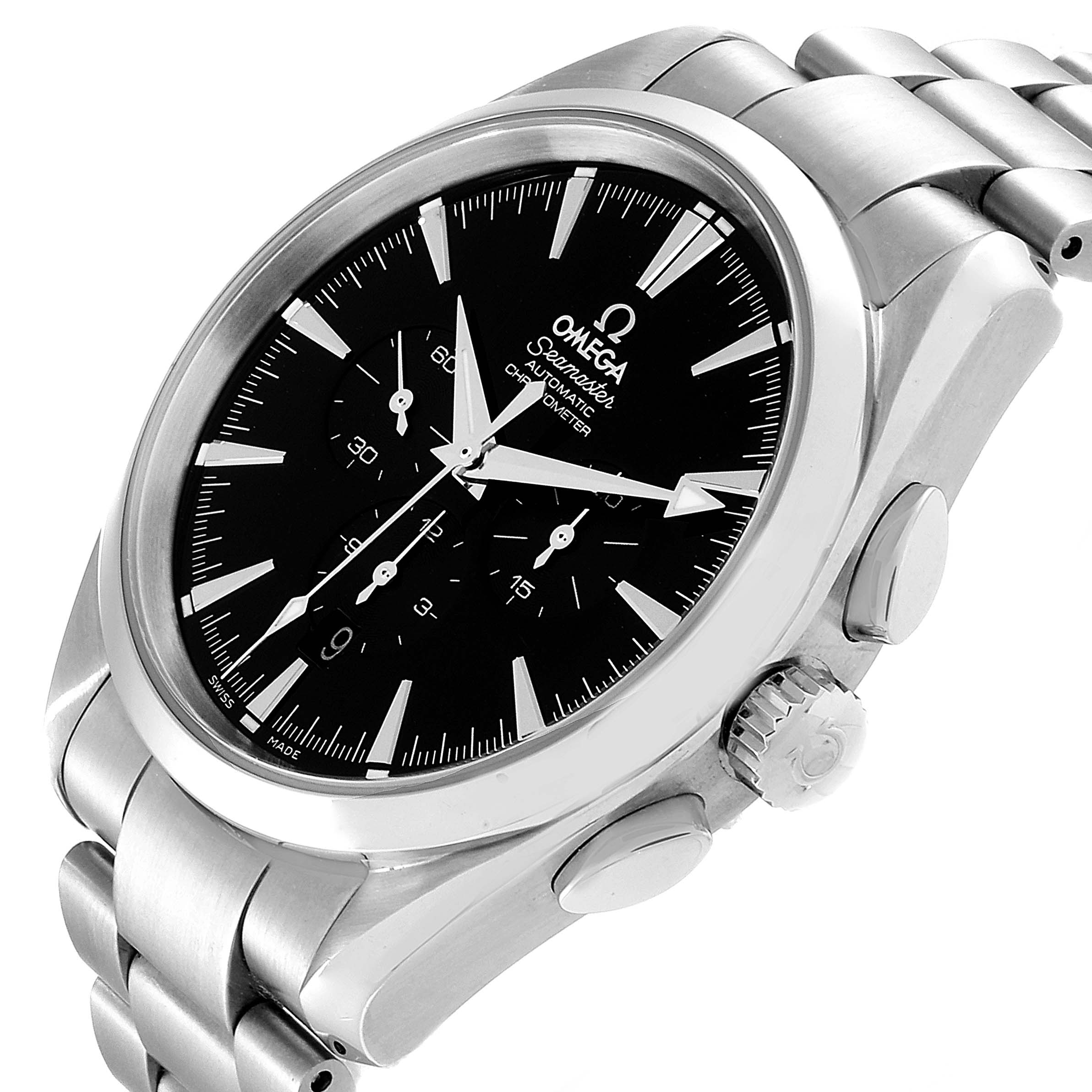 The image shows an Omega Aqua Terra 2512.50.00 Men's Stainless Steel Black Dial 2512.50.00 Men's Stainless Steel Black Dial watch from a side angle, highlighting its black dial, stainless steel bracelet, crown, and chronograph pushers.