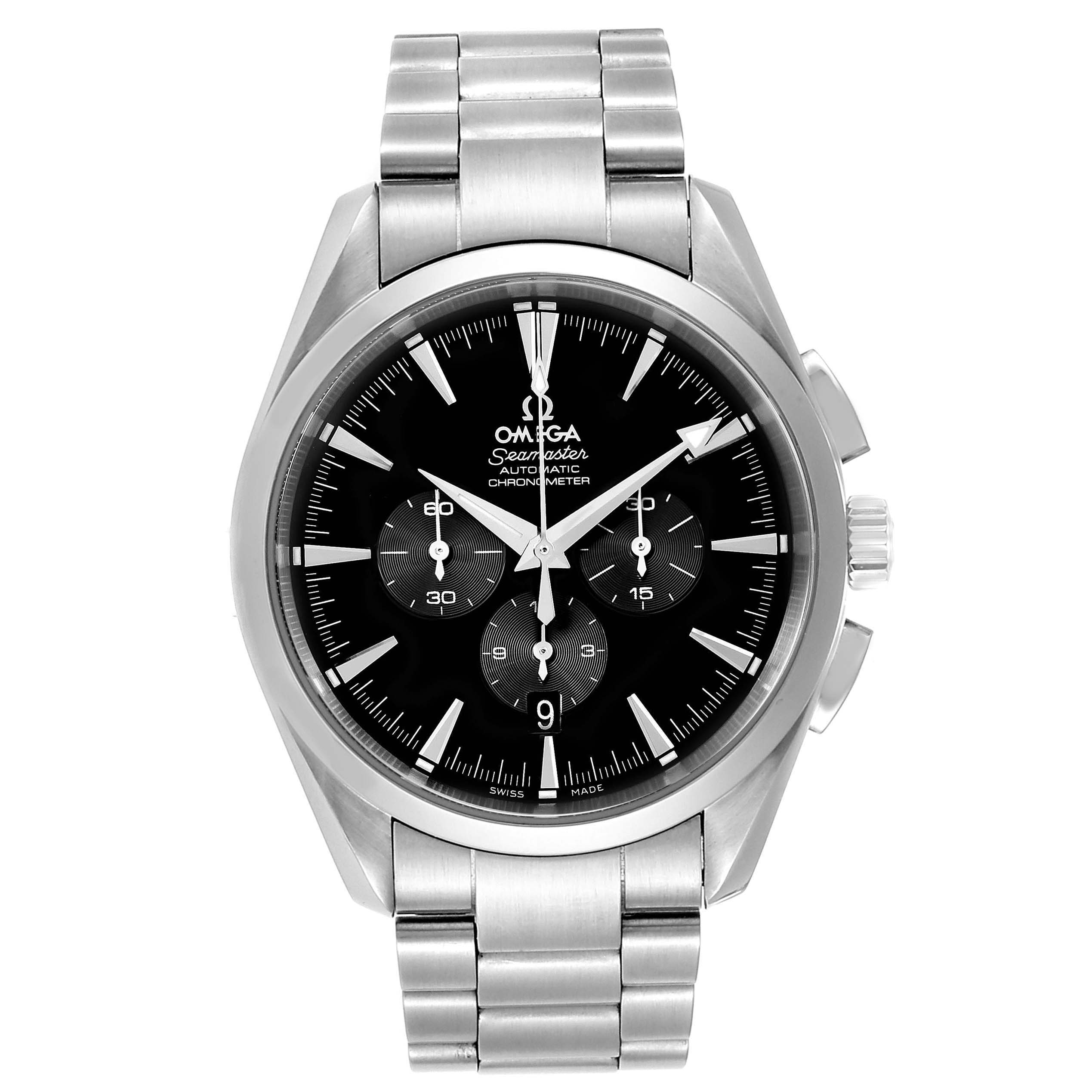The image shows a front view of the Omega Aqua Terra 2512.50.00 Men's Stainless Steel Black Dial 2512.50.00 Men's Stainless Steel Black Dial watch, highlighting its face and metal bracelet.