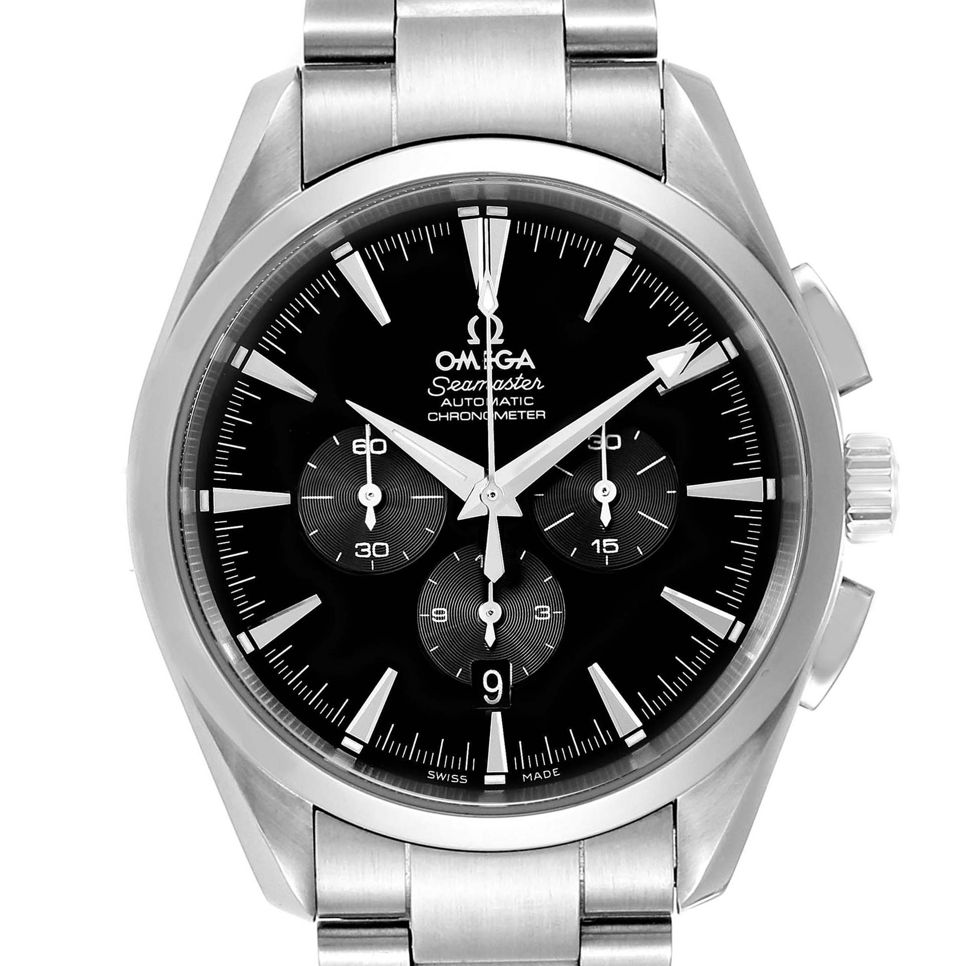 The image shows a frontal view of an Omega Aqua Terra 2512.50.00 Men's Stainless Steel Black Dial 2512.50.00 Men's Stainless Steel Black Dial watch, displaying the dial, hands, subdials, and part of the bracelet.
