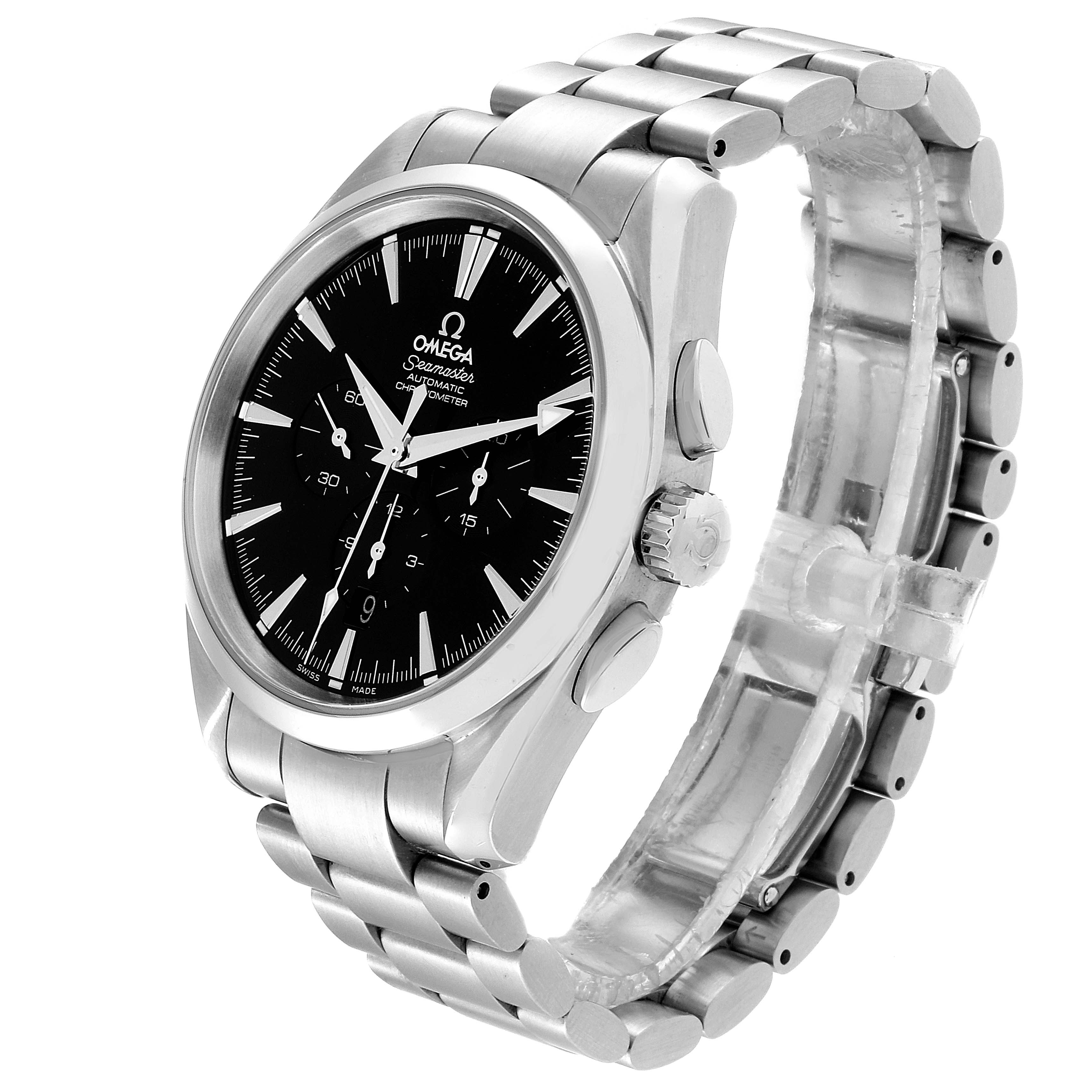 The image shows the Omega Aqua Terra 2512.50.00 Men's Stainless Steel Black Dial 2512.50.00 Men's Stainless Steel Black Dial watch at an angled side view, highlighting the face, crown, and part of the metal bracelet.