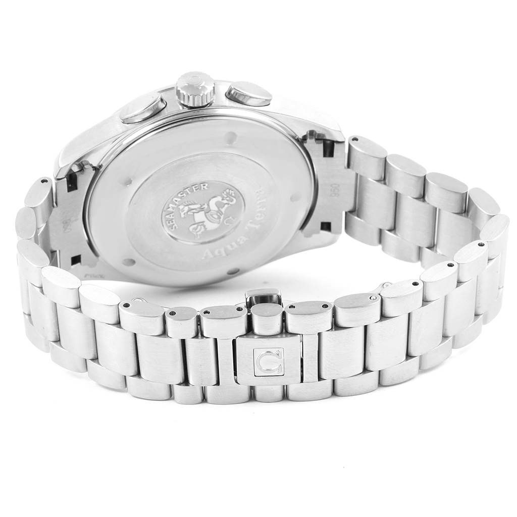 The image shows the back case, crown, and metal bracelet of the Omega Aqua Terra 2512.50.00 Men's Stainless Steel Black Dial 2512.50.00 Men's Stainless Steel Black Dial watch, viewed from a rear angle.