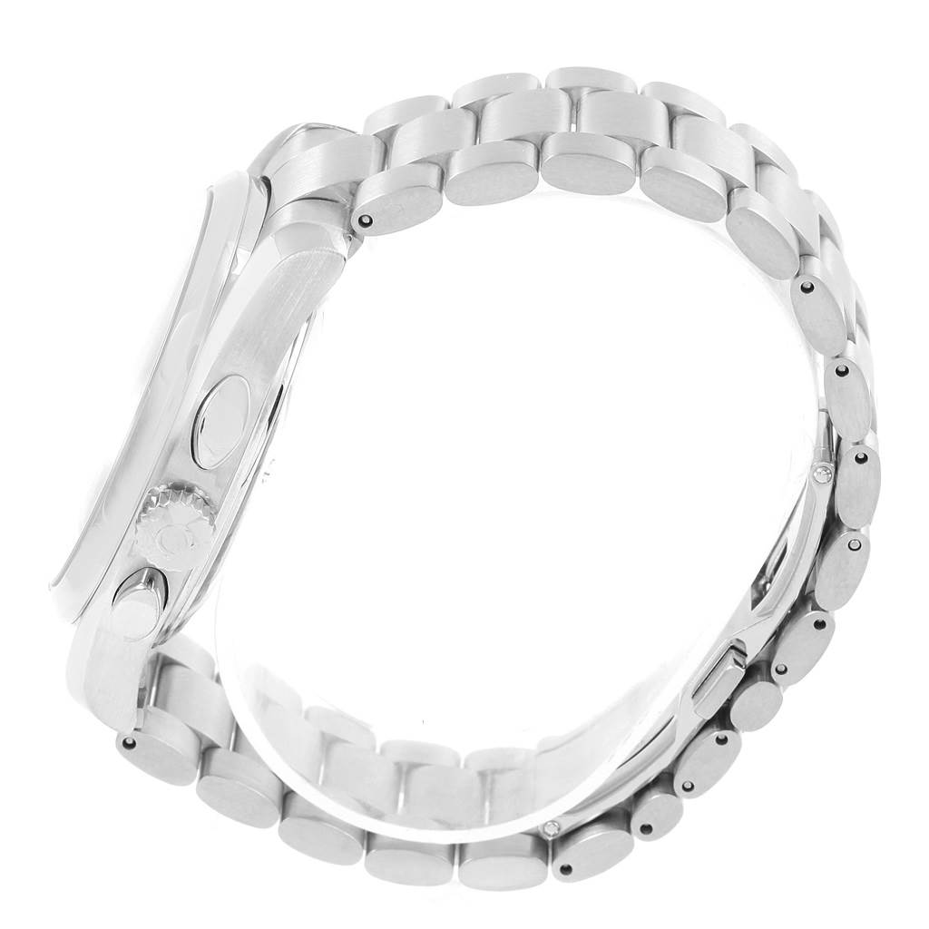 The image shows a side view of the Omega Aqua Terra 2512.50.00 Men's Stainless Steel Black Dial 2512.50.00 Men's Stainless Steel Black Dial model, highlighting its crown, case, and metal bracelet.