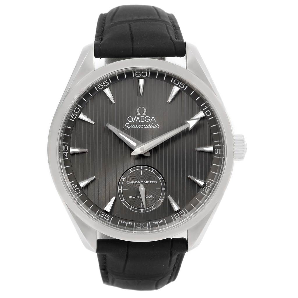 The image shows a front view of an Omega Aqua Terra 231.13.49.10.06.001 Men's Stainless Steel Grey Dial 231.13.49.10.06.001 Men's Stainless Steel Grey Dial Seamaster watch, highlighting the dial, hands, indices, and bezel.