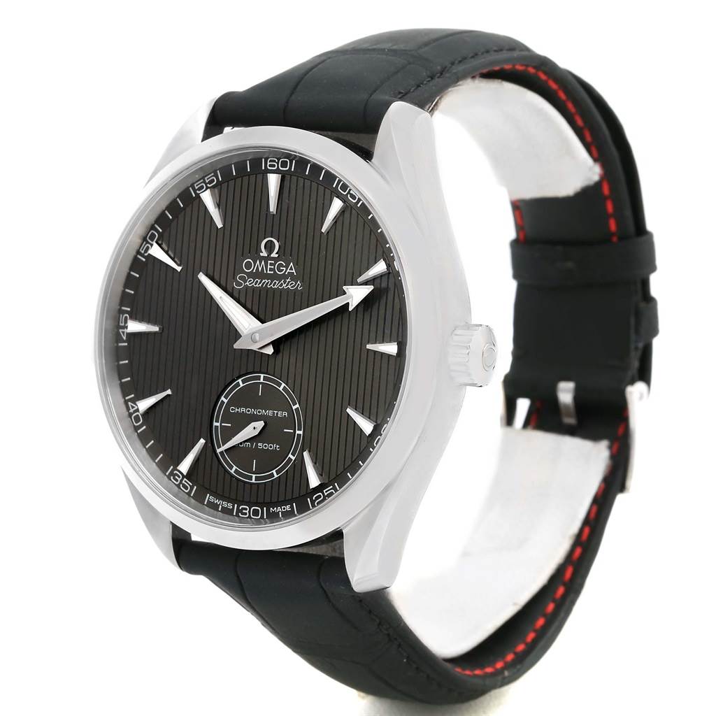 The image shows an angled view of the Omega Aqua Terra 231.13.49.10.06.001 Men's Stainless Steel Grey Dial 231.13.49.10.06.001 Men's Stainless Steel Grey Dial watch, highlighting the dial, hands, markers, and black strap.