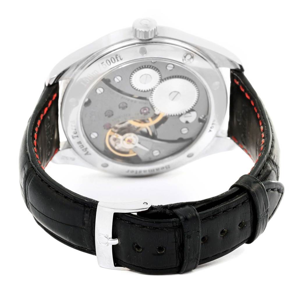 The image shows the back and side of the Omega Aqua Terra 231.13.49.10.06.001 Men's Stainless Steel Grey Dial 231.13.49.10.06.001 Men's Stainless Steel Grey Dial watch, highlighting the movement and part of the leather strap.