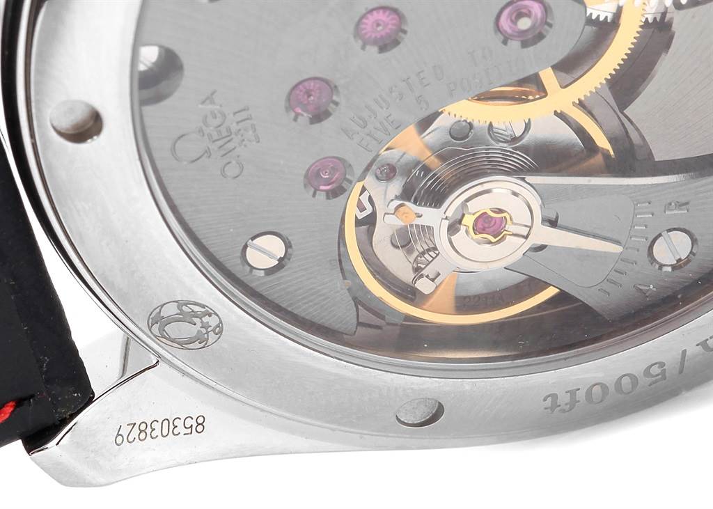 The image shows the back view of the Omega Aqua Terra 231.13.49.10.06.001 Men's Stainless Steel Grey Dial 231.13.49.10.06.001 Men's Stainless Steel Grey Dial watch, highlighting its intricate movement mechanism through a transparent case back.