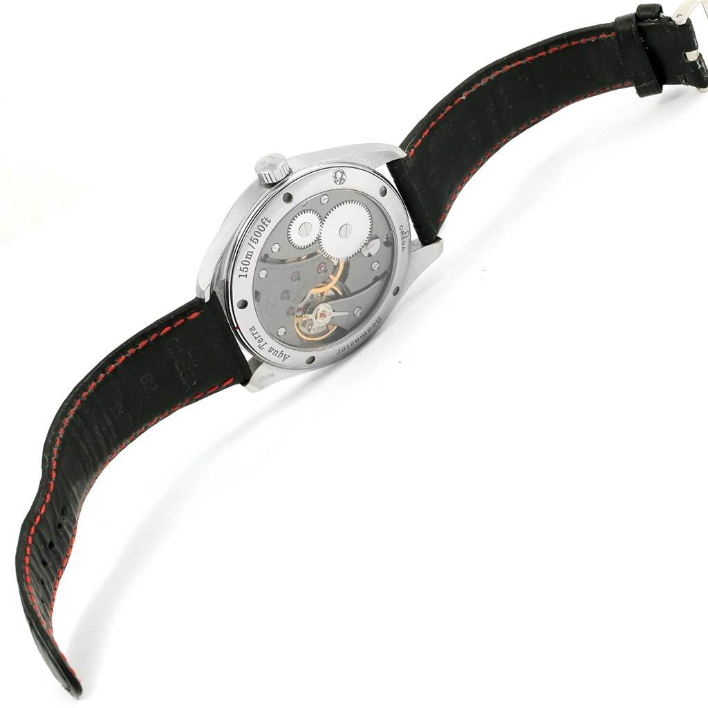 The Omega Aqua Terra 231.13.49.10.06.001 Men's Stainless Steel Grey Dial 231.13.49.10.06.001 Men's Stainless Steel Grey Dial watch is shown from the back, displaying its transparent case back and movement with a black strap.