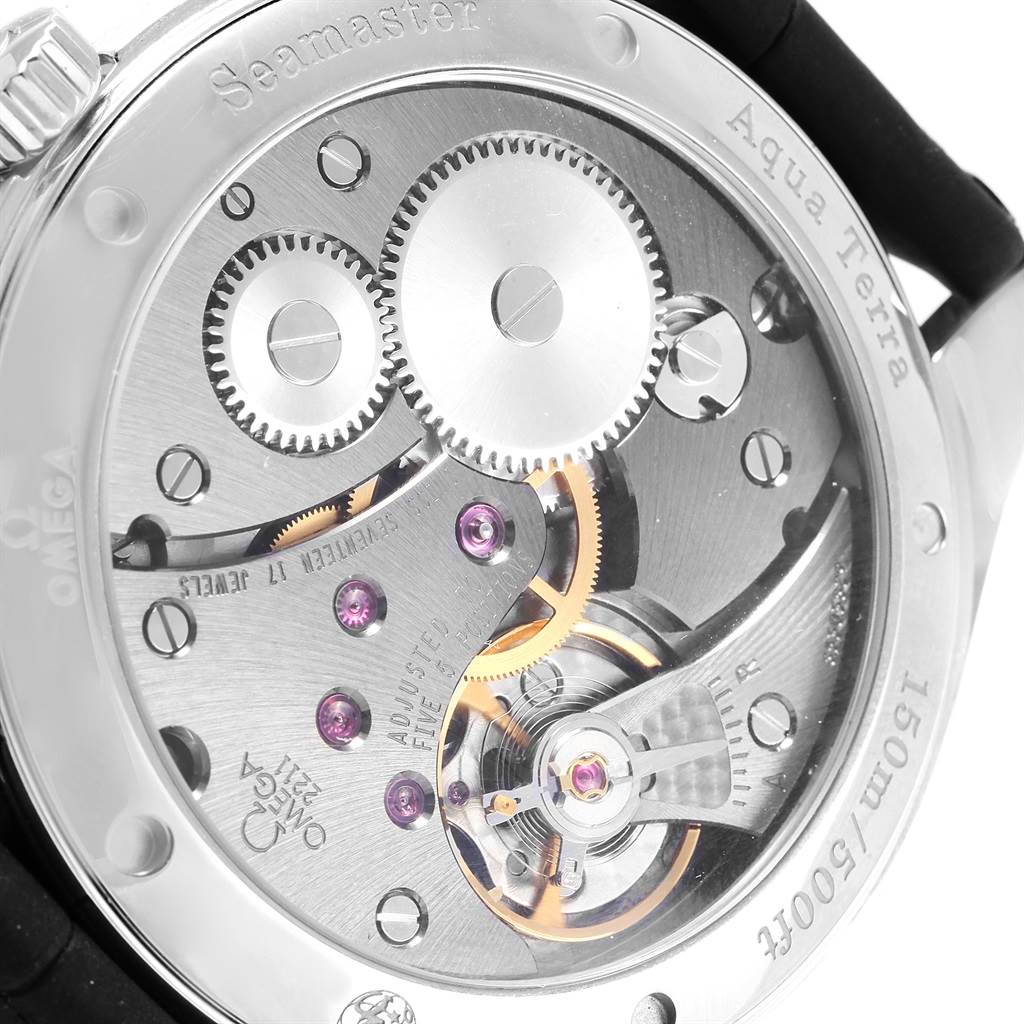 The image shows the back view of an Omega Aqua Terra 231.13.49.10.06.001 Men's Stainless Steel Grey Dial 231.13.49.10.06.001 Men's Stainless Steel Grey Dial watch, highlighting its internal mechanical movement.