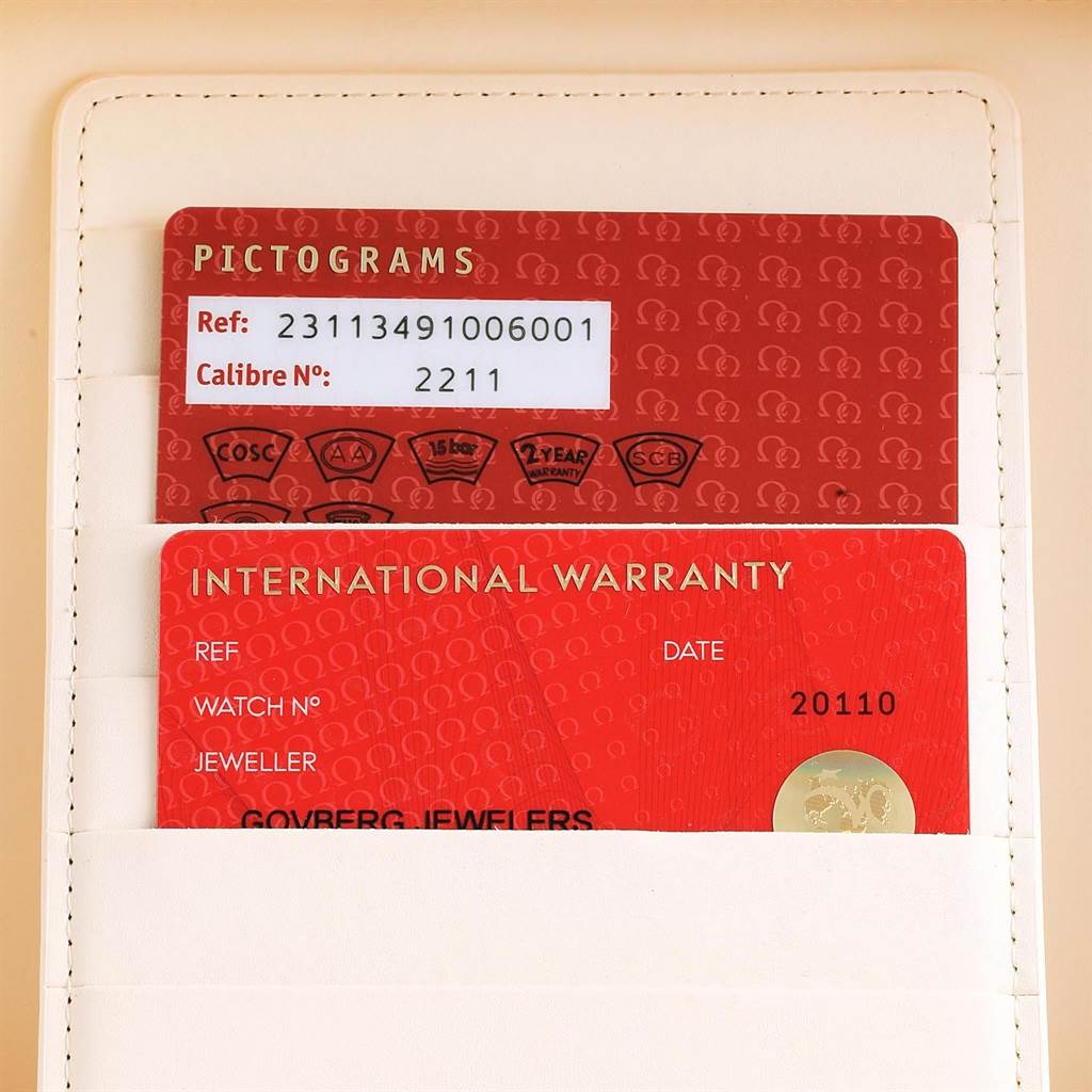 The image shows the warranty cards for an Omega Aqua Terra 231.13.49.10.06.001 Men's Stainless Steel Grey Dial 231.13.49.10.06.001 Men's Stainless Steel Grey Dial watch placed in a card holder.