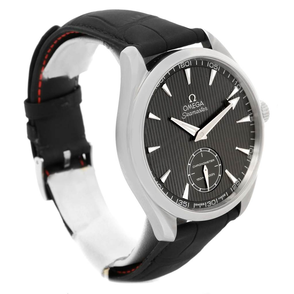 The image shows an Omega Aqua Terra 231.13.49.10.06.001 Men's Stainless Steel Grey Dial 231.13.49.10.06.001 Men's Stainless Steel Grey Dial watch from a front angle, highlighting the dial, hands, case, and part of the black strap.