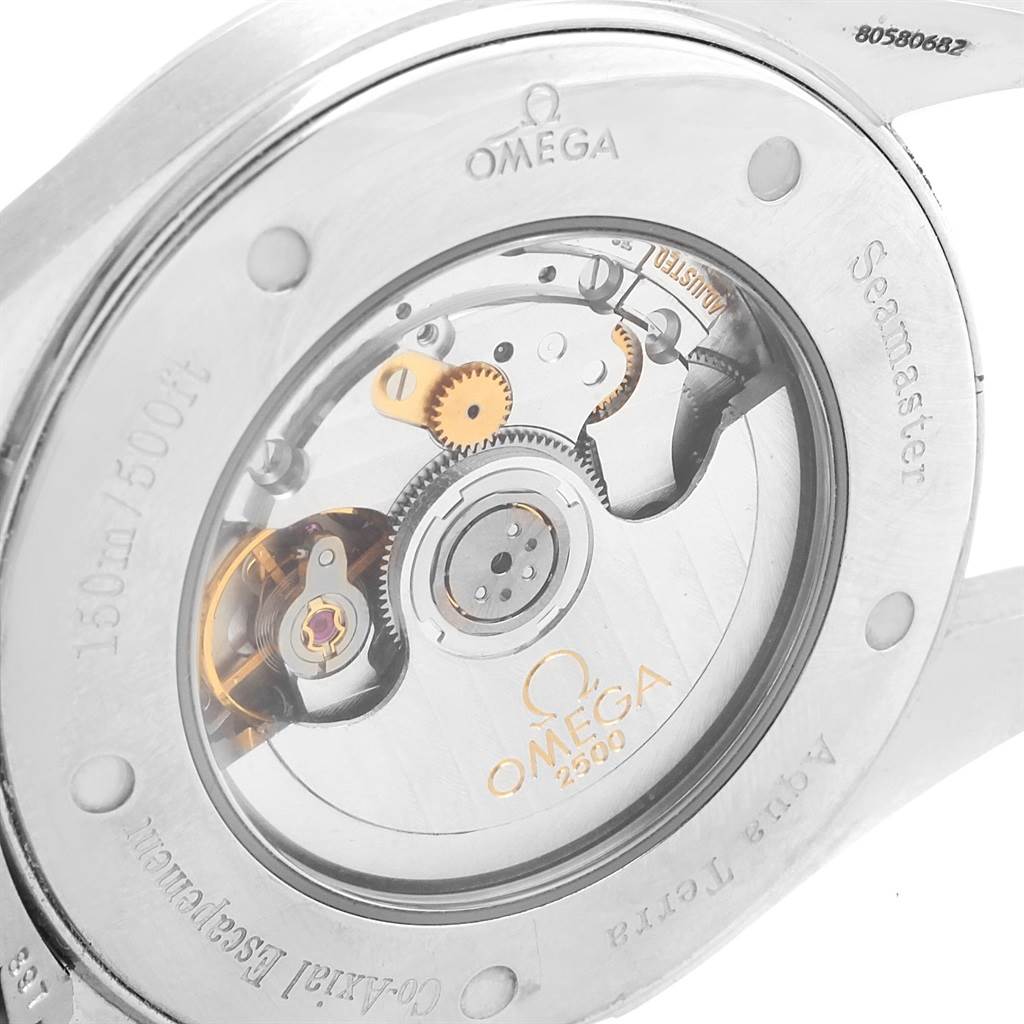 The image shows the back view of the Omega Aqua Terra 2502.33.00 Men's Stainless Steel White Dial 2502.33.00 Men's Stainless Steel White Dial watch, highlighting its internal mechanism and brand engravings.