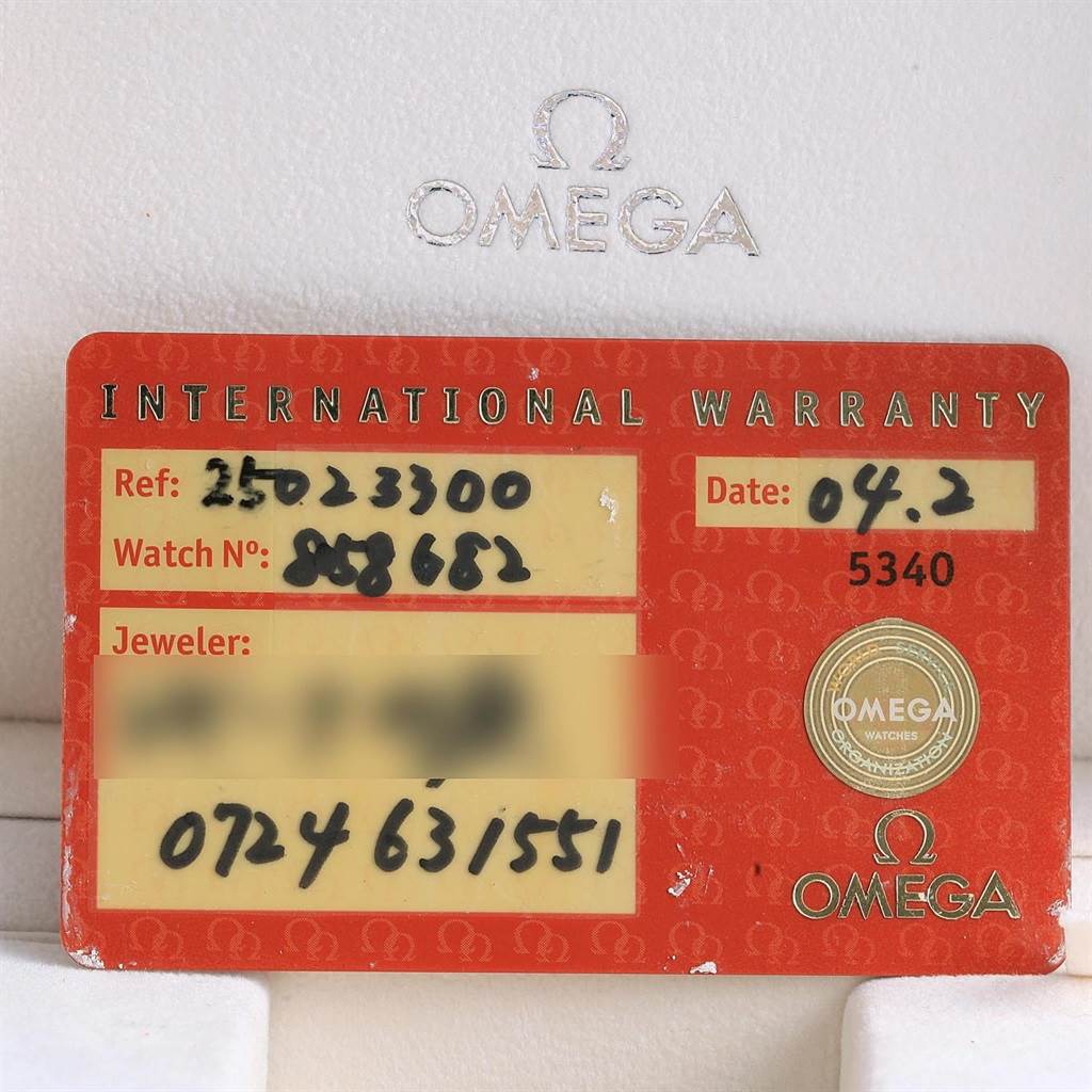 The image shows an Omega Aqua Terra 2502.33.00 Men's Stainless Steel White Dial 2502.33.00 Men's Stainless Steel White Dial model international warranty card viewed from the front.