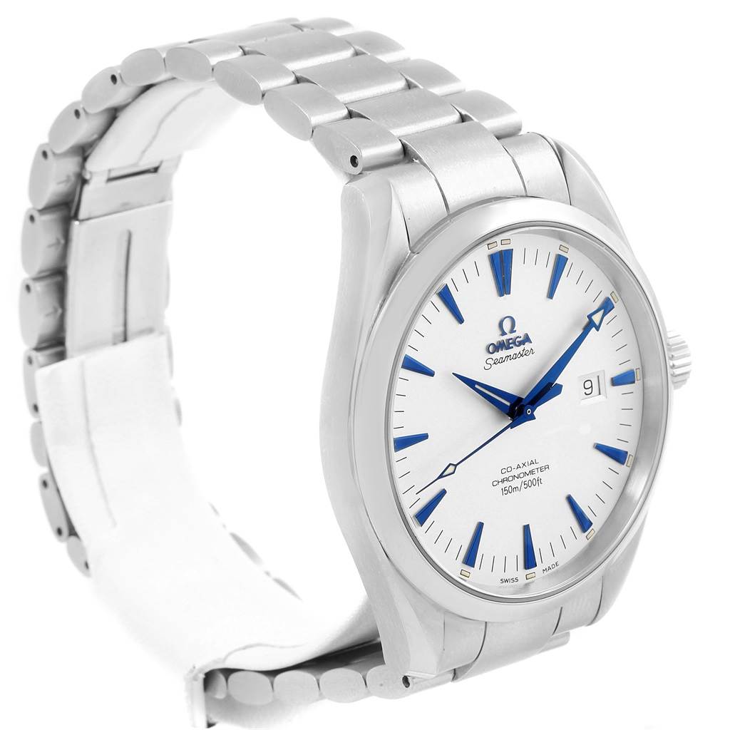 The image shows an Omega Aqua Terra 2502.33.00 Men's Stainless Steel White Dial 2502.33.00 Men's Stainless Steel White Dial watch at a three-quarter angle, highlighting the face, bezel, crown, and bracelet.
