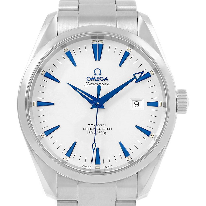 The image shows a front view of the Omega Aqua Terra watch, displaying its white dial, blue hands, markers, and date window.