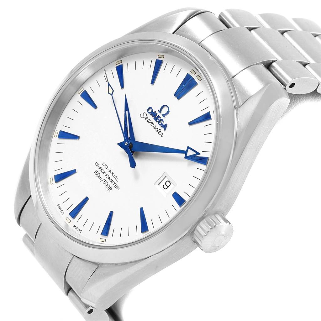 The image shows a tilted angle of the Omega Aqua Terra 2502.33.00 Men's Stainless Steel White Dial 2502.33.00 Men's Stainless Steel White Dial watch, highlighting its dial, hands, crown, and part of the metal bracelet.