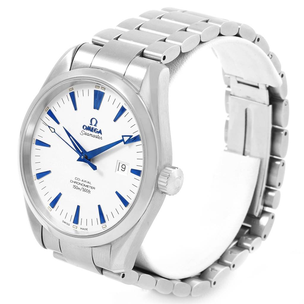 The image shows an Omega Aqua Terra 2502.33.00 Men's Stainless Steel White Dial 2502.33.00 Men's Stainless Steel White Dial watch at a three-quarter angle, displaying the face, case, crown, and bracelet.