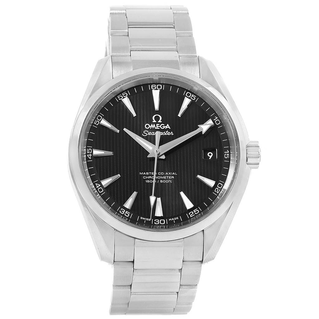This is a front view of the Omega Aqua Terra 231.10.42.21.01.003 Men's Stainless Steel Black Dial 231.10.42.21.01.003 Men's Stainless Steel Black Dial watch, showing its dial, bezel, hands, and metal bracelet.