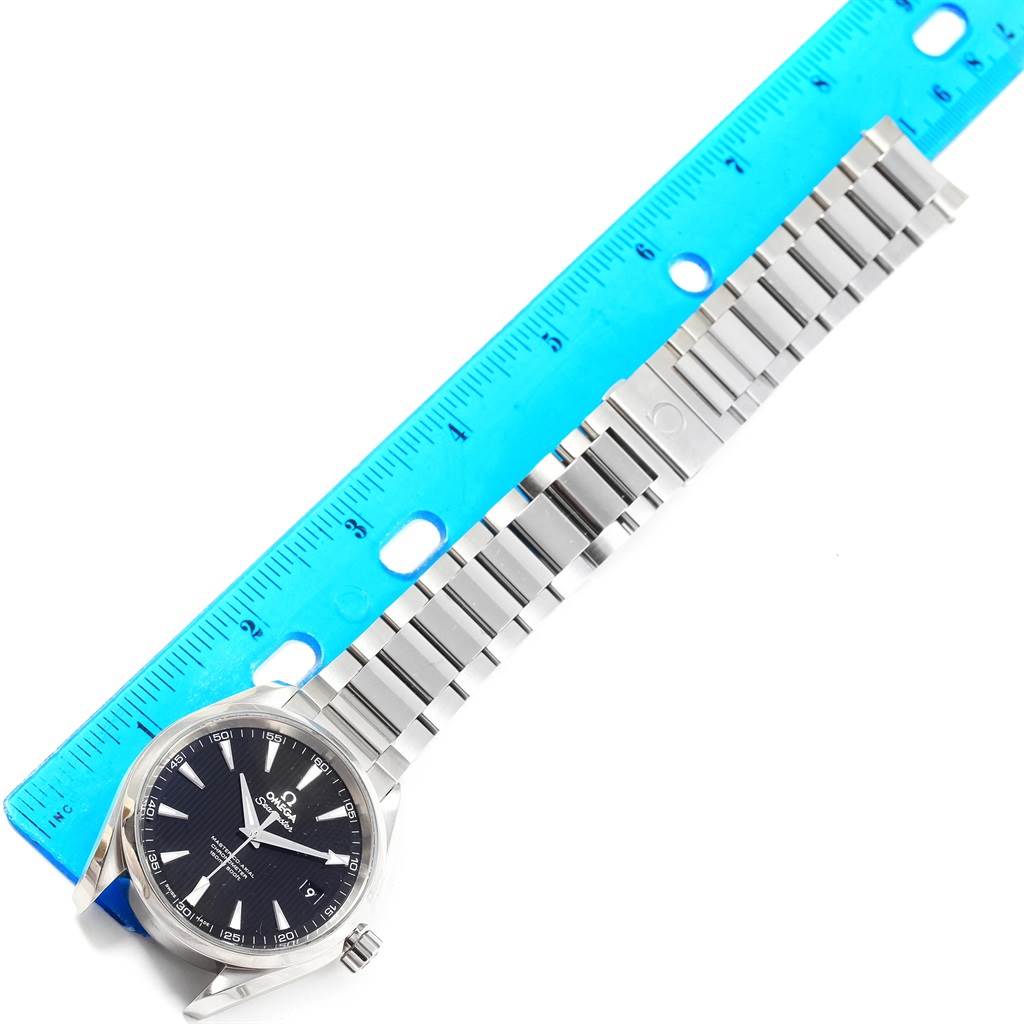 The image shows an Omega Aqua Terra 231.10.42.21.01.003 Men's Stainless Steel Black Dial 231.10.42.21.01.003 Men's Stainless Steel Black Dial watch angled diagonally with its blue ruler alongside, displaying the face, case, and bracelet.