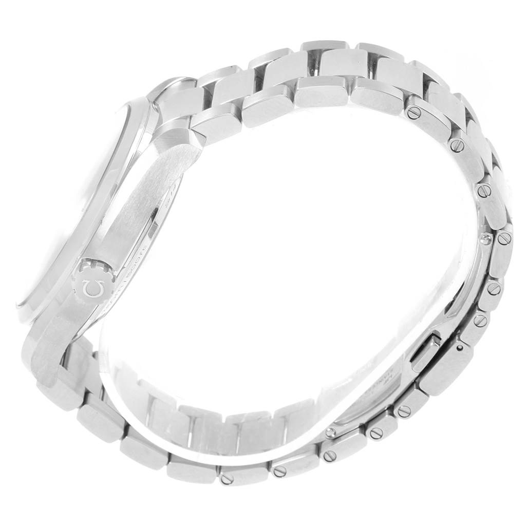 This image shows a side view of the Omega Aqua Terra 231.10.42.21.01.003 Men's Stainless Steel Black Dial 231.10.42.21.01.003 Men's Stainless Steel Black Dial model, highlighting its metal bracelet and clasp.