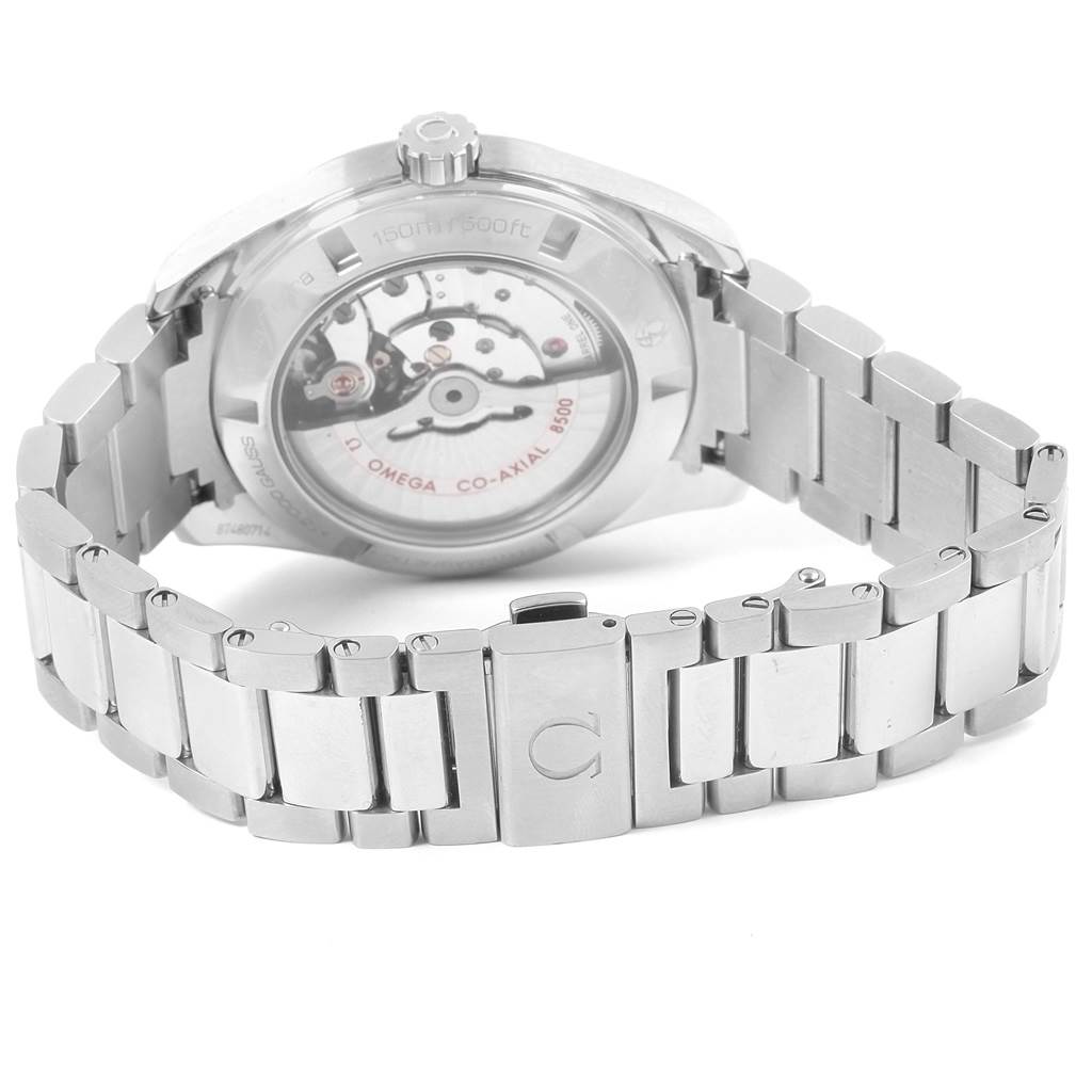 The image shows the back view of the Omega Aqua Terra 231.10.42.21.01.003 Men's Stainless Steel Black Dial 231.10.42.21.01.003 Men's Stainless Steel Black Dial watch, highlighting the Co-Axial 8500 movement and the stainless steel bracelet.