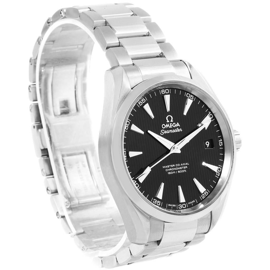 The image shows an Omega Aqua Terra 231.10.42.21.01.003 Men's Stainless Steel Black Dial 231.10.42.21.01.003 Men's Stainless Steel Black Dial watch at a three-quarter angle, highlighting its dial, bezel, and stainless steel bracelet.