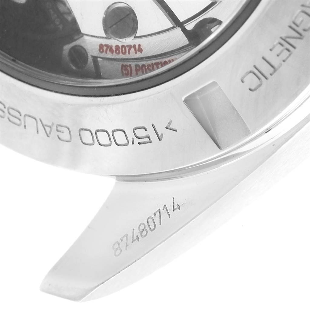 This image shows a close-up of the case back and part of the lug of the Omega Aqua Terra 231.10.42.21.01.003 Men's Stainless Steel Black Dial 231.10.42.21.01.003 Men's Stainless Steel Black Dial watch, highlighting the inscriptions.